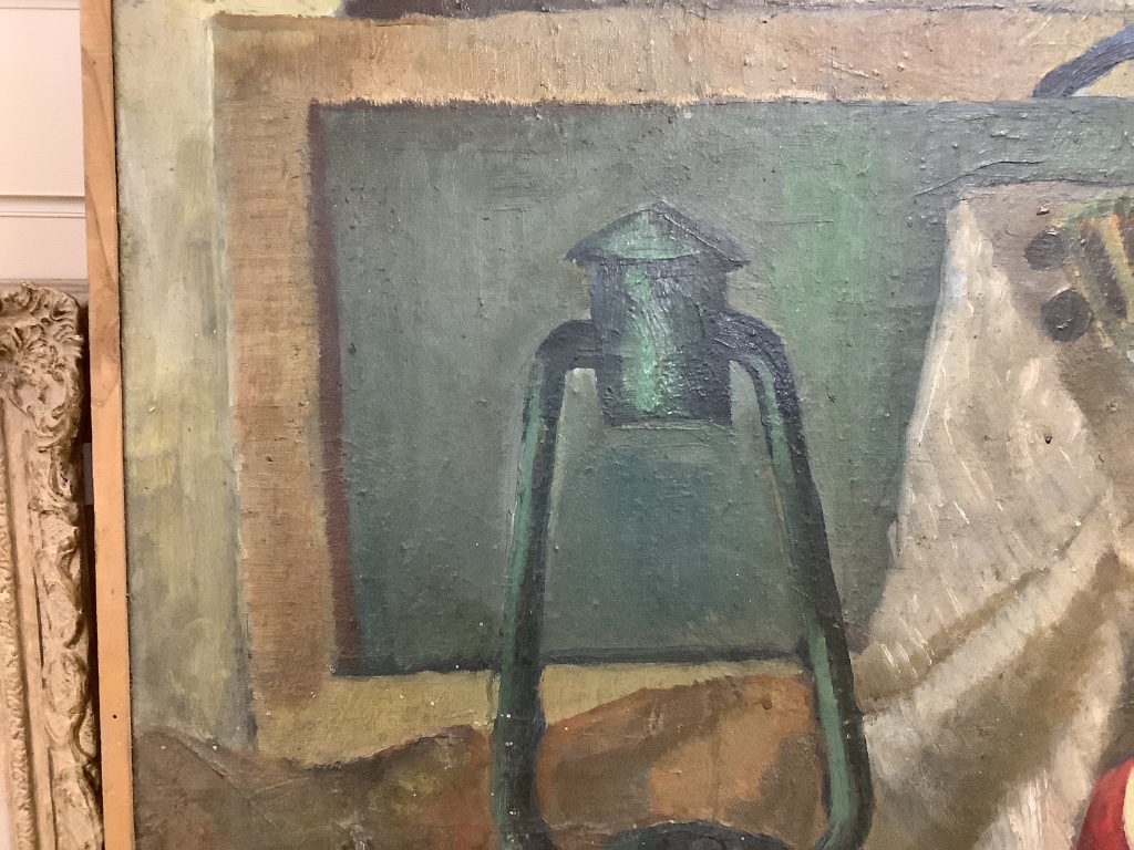 Continental School, oil on canvas, Still life with guitar and lantern, 86 x 86cm